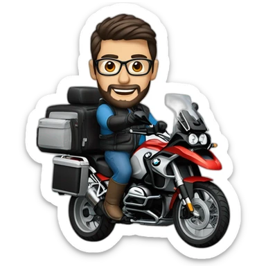 Francisco-Javier-Sans-Sánchez with beard and glasses, riding a BMW-R-1200-GS,waving sticker