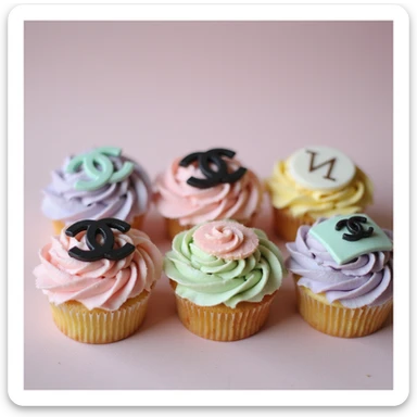 photorealistic pastel rainbow Chanel cupcake set, each with a different logo or accessory, no background sticker