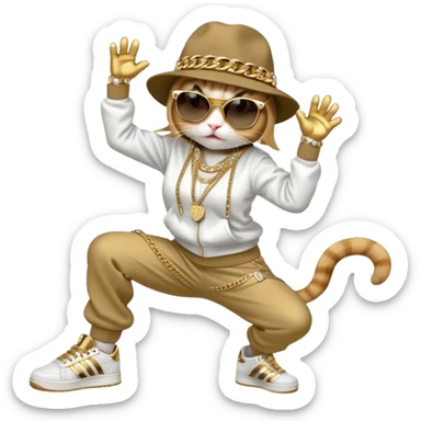 female cat in Run DMC hip-hop outfit with tracksuit, fedora, Adidas sneakers, dark sunglasses, many gold chains and bling accessories, doing a headspin break dance move sticker