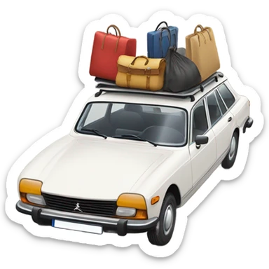 a white peugeot 504 break car with luggage on the roof sticker