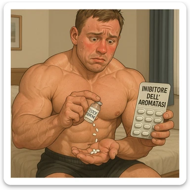 inexperienced bodybuilder pouring vial labeled 'Testosterone' and holding pill package labeled 'Inibitore dell'aromatasi', uncertain expression, swollen muscles but red face, all text in Italian, bedroom background, 4K quality sticker