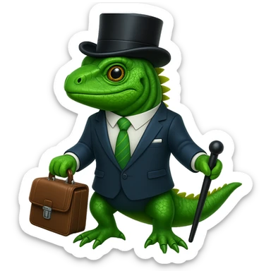 Add a top hat and cane to the capitalist iguana in a suit in the style of apple emojis. Keep the apple emoji style consistent with the original image. sticker