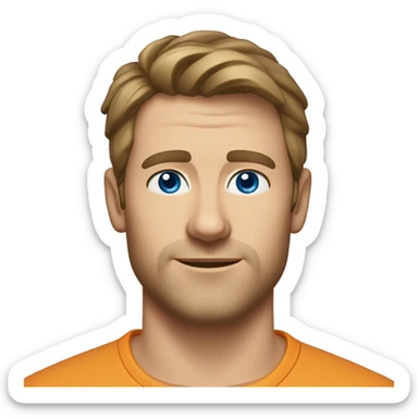 A head and shoulders shot of a 33 year old Caucasian man, with short brown hair, with none facial hair,   with blue eyes wearing a t-shirt. sticker