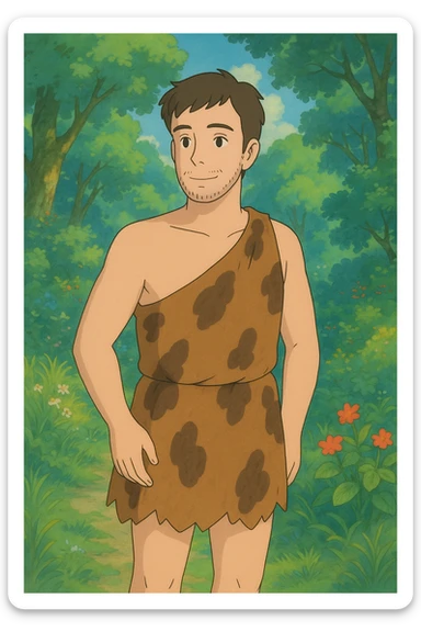modern man in a caveman costume, soft colors, gentle expression sticker