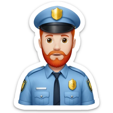 Pale man in mall cop outfit with red beard sticker