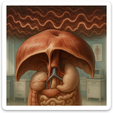 hyper realistic diaphragm represented as a filter: stress waves above, calm environment below, anatomical details, visual separation effect, medical environment, realistic colors sticker