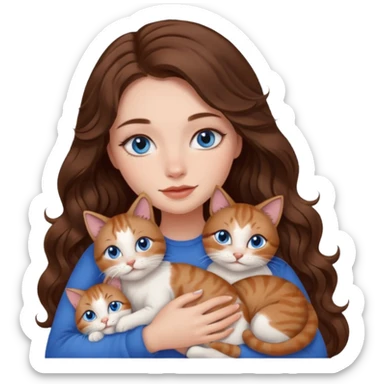 girl with long wavy brown hair, blue eyes, long lashes makeup, cuddling with 6 cats sticker