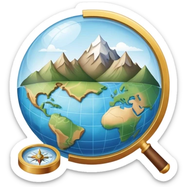 An icon featuring a globe, a compass, and a topographic map, symbolizing geography. The design includes mountain ranges, rivers, and a magnifying glass, representing the study of Earth's landscapes, features, and spatial relationships. Transparent background highlights geographic exploration. sticker