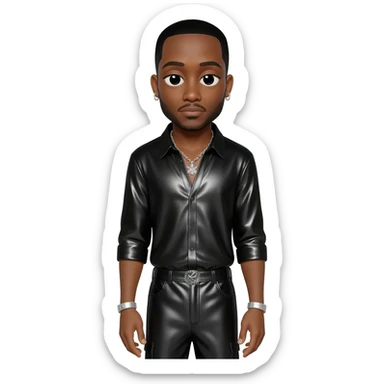 Timbaland with black hair, black metallic shirt, black metallic baggy pants, silver necklace sticker