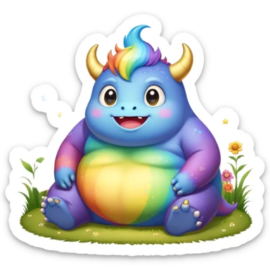 Kawaii derpy fat rainbow monster sitting in a magic field, rich textures, visually detailed, so lifelike that it feels like it could leap off the page at any moment sticker