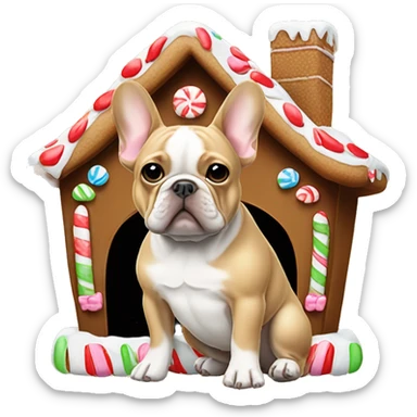 Tan French bulldog in gingerbread house sticker