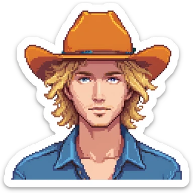 young man with wavy blonde hair, blank face, orange cowboy hat sticker