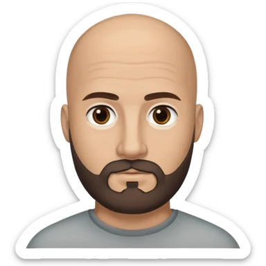Head emoji of a bald Caucasian man with tan skin, dark almost black eyes, and a dark brown medium length beard with some grey in it. Please show one result with glasses and the other without. sticker
