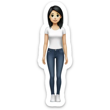 white girl, short ponytail with medium bangs black hair, tight jeans, tight shirt, full body sticker