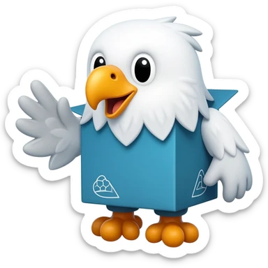 cute eagle-inspired delivery box mascot waving hello, friendly logistics chatbot emoji, blue and orange colors, minimal flat emoji style, white background sticker