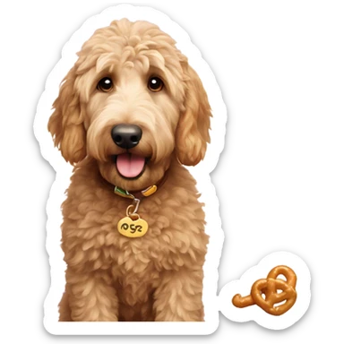 Golden doodle with pretzel name tag sticker