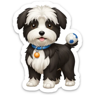 mostly white & black Havenese dog standing with ball sticker