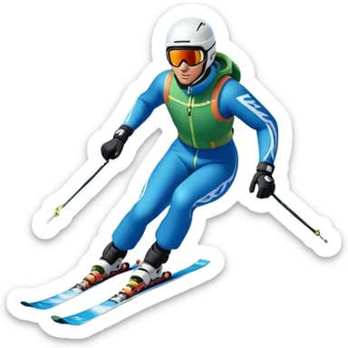 An icon featuring snowy peaks, pine trees, and a picturesque mountain landscape with a skier racing down a snow-covered slope. The sky is blue with soft clouds, capturing the thrill and beauty of alpine skiing. Transparent background highlights the excitement and serenity of winter sports. sticker