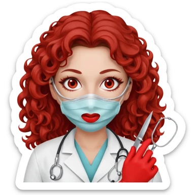 Scary woman scalpel in hand, evil surgeon sexy .  She has red eyes. Her  brown long curly hair. Wears sexy doctor outfit with red gloves. make her hair free and brown but she  wear mouth cover   to hide. Wears white surgeon jacket andpejab only hides lips and nose  eyes sticker