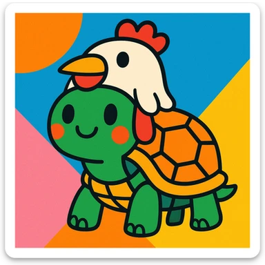 a turtle wearing a chicken hat, fun and whimsical style, colorful and playful, cartoonish sticker