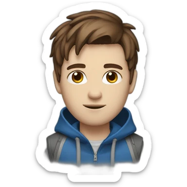 a guy with an emo haircut, a blue jacket and blue eyes.  and brown hair. sticker