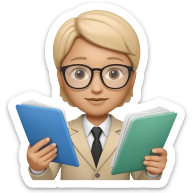 Apple Memoji-style 3D emoji of a researcher wearing glasses holding papers or a test tube, clean gradients, rounded shapes, no background. sticker