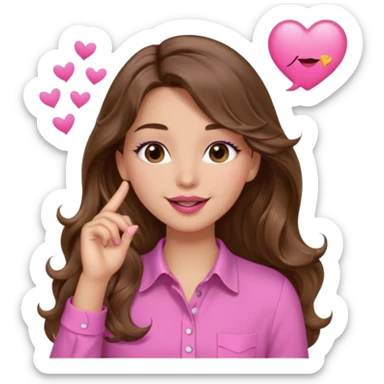 girl with long wavy brown hair, brown eyes, light to medium complexion, in a pink shirt, pink lips, long lashes, blowing a kiss sticker