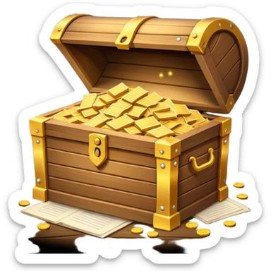 Glowing treasure chest overflowing with paper documents, sparkles, minimal style sticker