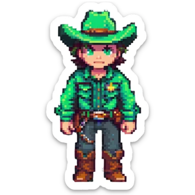 Pixel art cowboy with green outfit and green cowboy hat sticker