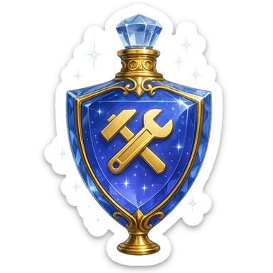 very luxurious crystal elixir bottle in shield shape, color #7986cb, with 🛠 symbol on the bottle, lots of shining, edges, ornaments, golden details, magical effects, very small golden neck, transparent background, beautiful seamless bottom, bottle clearly floating in air, no base or shadow, premium class, modern, matching a collection sticker