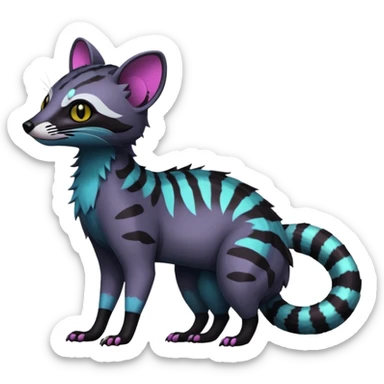 Rare warm-colored exotic edgy epic aesthetic gloomy spooky dark modern colorful cyber-Genet-Trico-Civet-species-Fakemon-hybrid-creature, with beautiful intricate markings, full body sticker