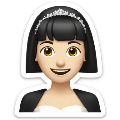 bride with very pale skin dark brown straight short hair black dress and bangs laughing with veil sticker