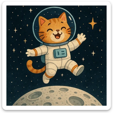 astronaut cat with helmet, floating above the moon, playful expression sticker