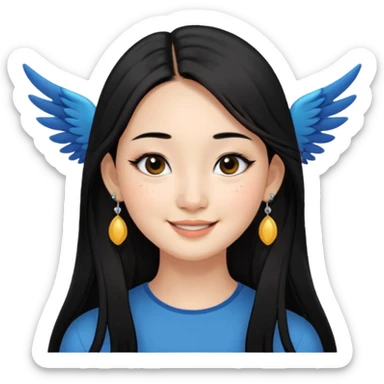 A Asian girl with fare skin and earrings, long straight black hair that is covering her checks with black eyes, smiling with a open wings eyeliner, mole near her nose of the right side sticker
