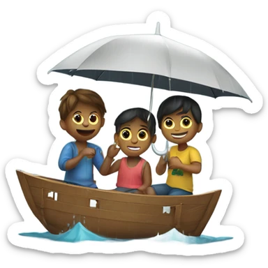 3 kids with a umbrella playing with a paper ship in the rain sticker