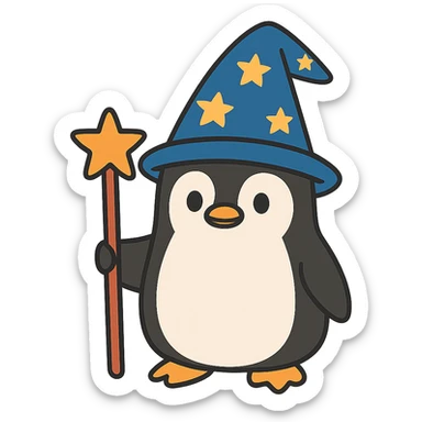 flat toon style penguin wizard with starry hat sticker