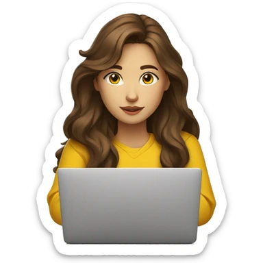 female coder with apple laptop in front of her, very long wavy brown hair, brown eyes, facing the right side looking at the laptop, yellow sweatshirt, no glasses sticker