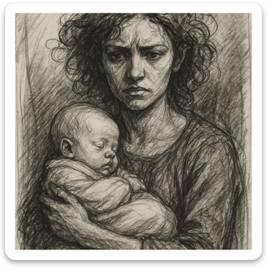 woman with curly red hair holding a baby, hand-drawn sketch style sticker