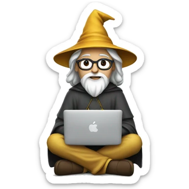 Wizard sitting cross legged and working on a macbook sticker
