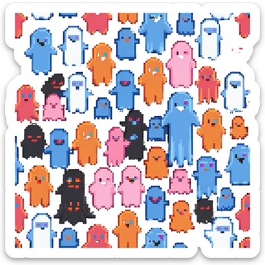 The four classic Pacman ghosts (red, pink, blue, and orange) in 8-bit pixel art style sticker