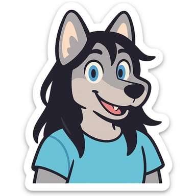 anime style wolf furry character with blue eyes, long black hair, wearing a light blue shirt sticker