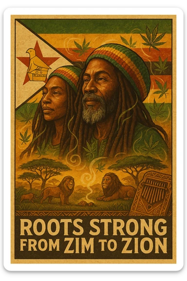Design a powerful digital illustration in vintage poster style featuring a proud Zimbabwean Rasta man and woman with long dreadlocks and a knitted red, gold, and green tam. The background should blend the iconic Zimbabwe flag with textured detail — the red star, bird emblem, and bold stripes clearly visible but stylized with artistic flair. Add rich African earth tones, golden sunlight, and natural scenery like acacia trees, lions, or smoke from a healing herb circle. The Rasta should have a wise, peaceful expression — eyes full of ancient memory and inner fire. Incorporate ganja leaves subtly in the design, maybe flowing with the wind or circling the character like aura energy. Accent with traditional Shona patterns or mbira (thumb piano) motifs. Let the message reflect strength, unity, and ancestral healing. Optional text: “Roots Strong from Zim to Zion” or “Mash up Babylon from Harare to di hills.” sticker