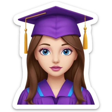 girl with gorgeous long brown hair, blue eyes, long lashes makeup, sexy pink lips, wearing a purple graduation cap and gown sticker