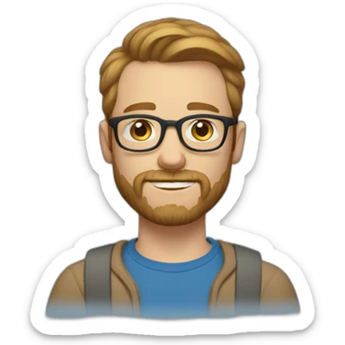 man with short light brown hair, beard and mustache and glasses, blue eyes, blue t-shirt with hands sticker