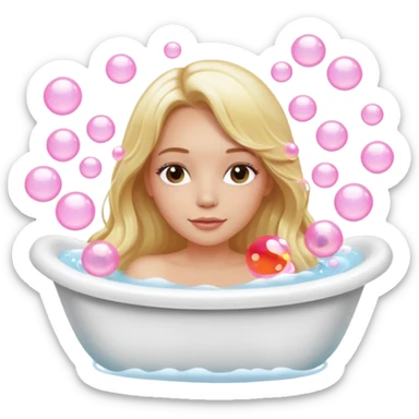 Blonde long hair lady in bathtub relax with a light pink bubbles sticker