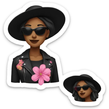  woman wearing a black hat adorned with decorative flowers. She is also wearing black sunglasses and a shiny pink jacket over a black top. She appears in a side profile pose with black hear , her head slightly tilted back. White skin sticker