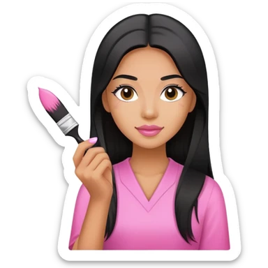 Pink Nail Tech with black long hair holding small acrylic brush sticker