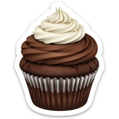 A chocolate cupcake, with no rapper, and a thin white coiled line of frosting across the middle of the top of the cupcake sticker