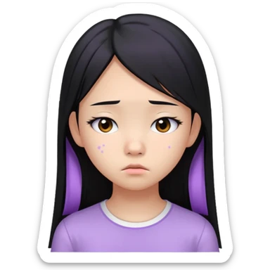 Asian teen girl with long straight black hair, wearing a lilac bando and a white shirt, sad expression, visible breakout and acne on her cheek sticker
