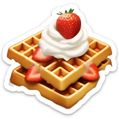 square waffle with dollop of whipped cream and one strawberry on top sticker